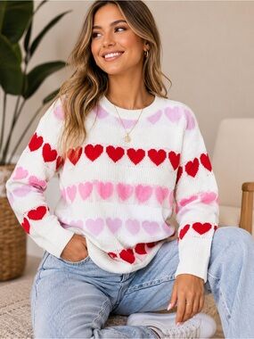 SHEIN Heart-Stripe Knit Sweater in White, Pink & Red Large